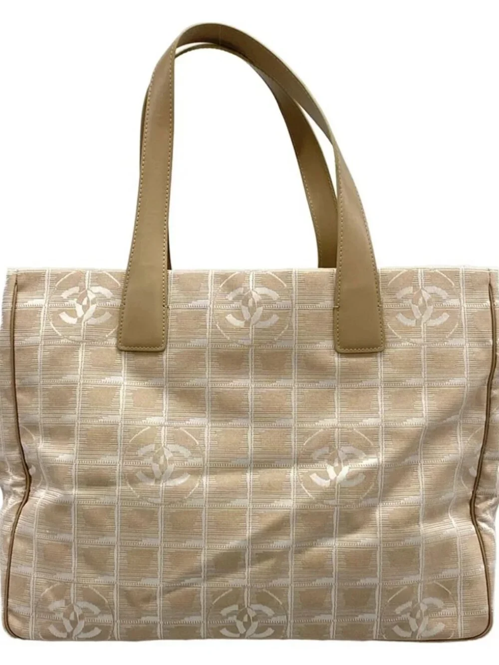 CHANEL New Travel Line Tote MM Beige White Nylon Jacquard Leather Tote Bag
